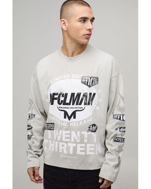 BoohooMAN Gray Oversized Boxy Moto Washed Long Sleeve T-Shirt for men