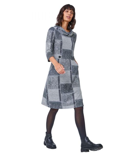 Roman Blue Patchwork Cowl Neck Button Detail Dress