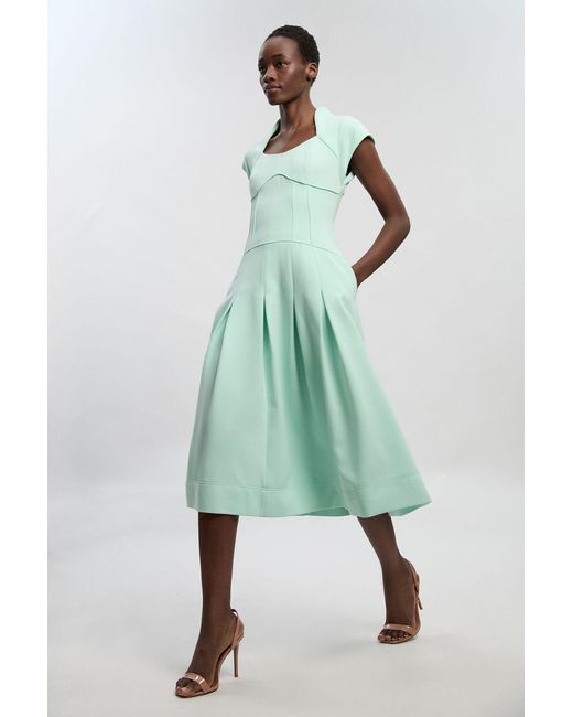 Karen Millen Green Compact Stretch Dropped Waist Full Skirted Midi Dress