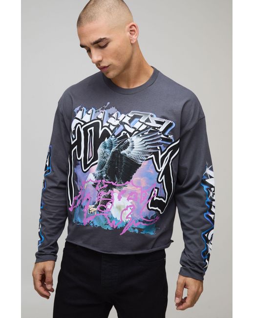 BoohooMAN Blue Oversized Shrunken Bird Graffiti Graphic Long Sleeve Raw Hem T-Shirt for men