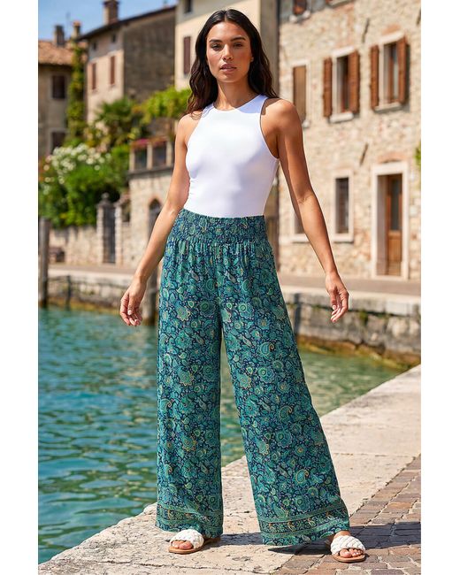 Roman Blue Floral Print Tiered Palazzo Trousers
