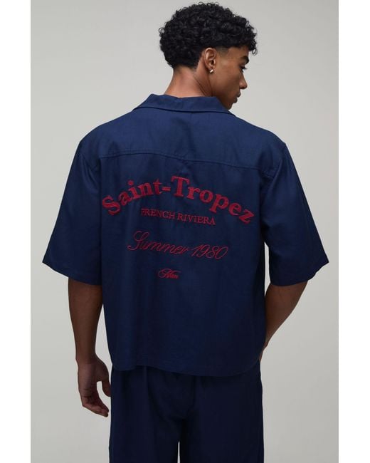 BoohooMAN Blue Linen Embroidered Saint Tropez Oversized Boxy Shirt & Relaxed Trouser Set for men