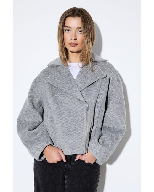 MissPap Gray Oversized Brushed Biker Jacket