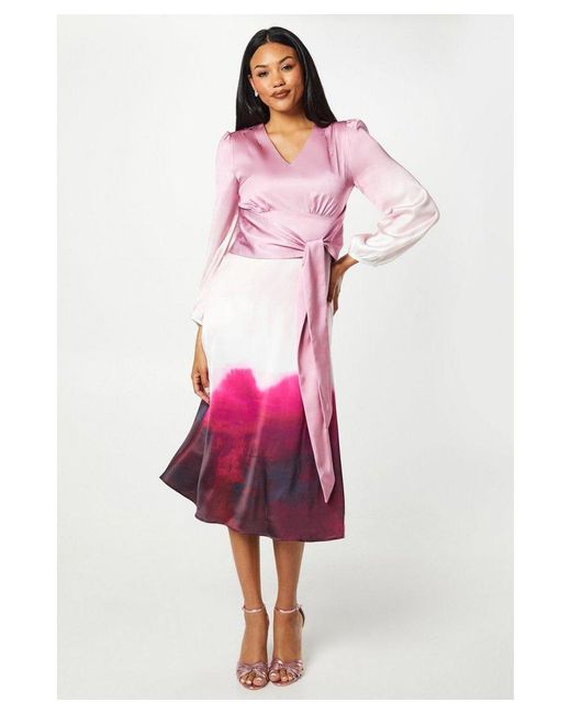 Coast Pink Placement Print Tie Front Satin Blouson Sleeve Midi Dress