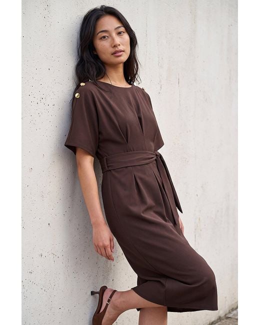 Roman Brown Petite Tie Waist Dress
