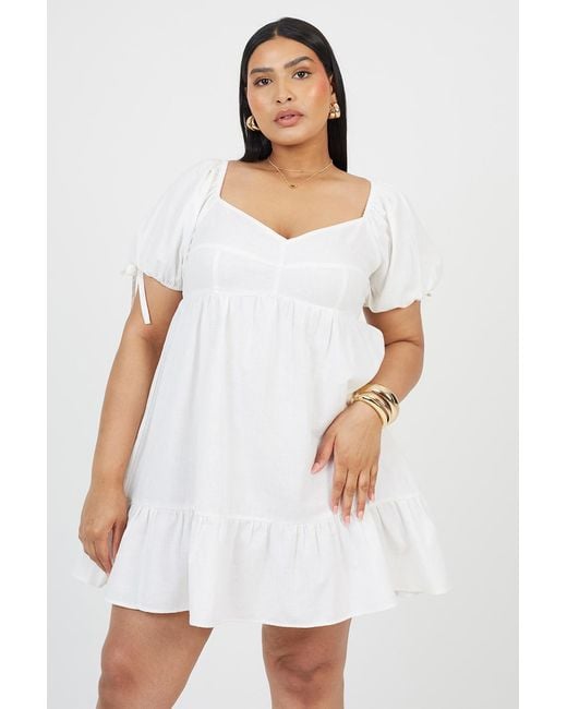 Brave Soul White Curve Cotton Puff Sleeve Mini Dress