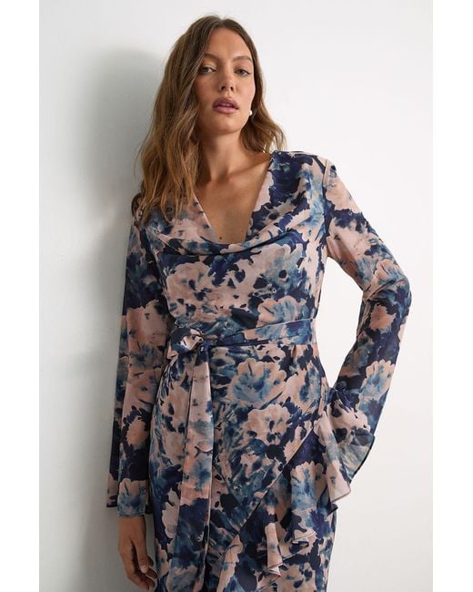 Warehouse Multicolor Long Sleeve Cowl Neck Floral Print Ruffle Detail Maxi Dress