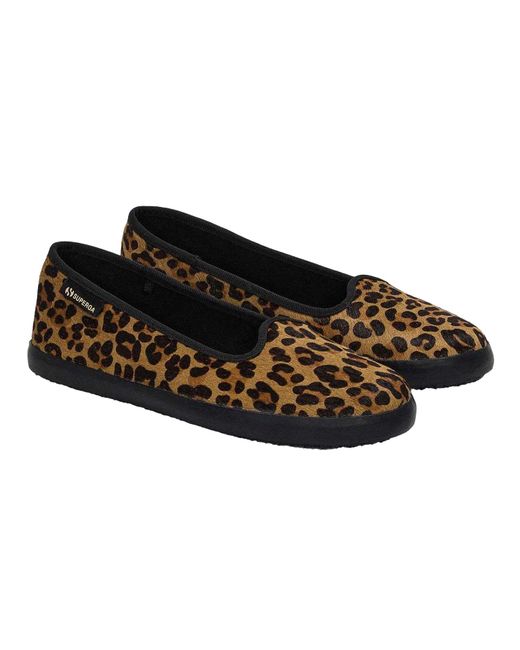 Superga Black Ladies 2441 Leopard Print Leather Calf Hair Ballerina Flats