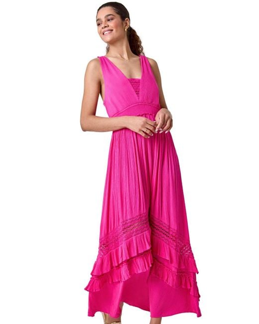 Roman Pink Lace Detail Shirred Frill Maxi Dress