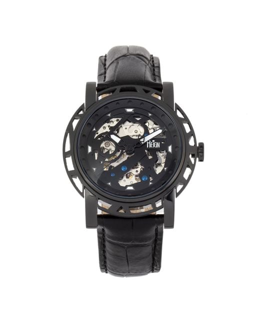 Reign Black Stavros Automatic Skeleton Leather-Band Watch for men