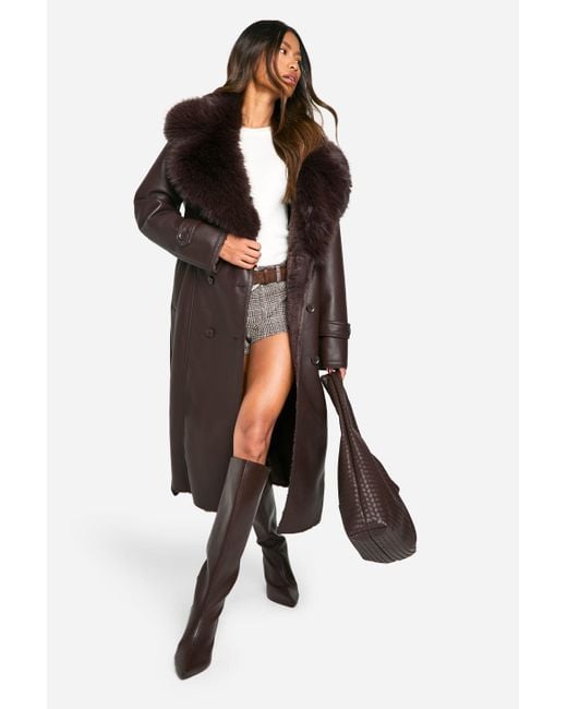 Boohoo Faux Fur Collar Trench Coat in Black Lyst UK