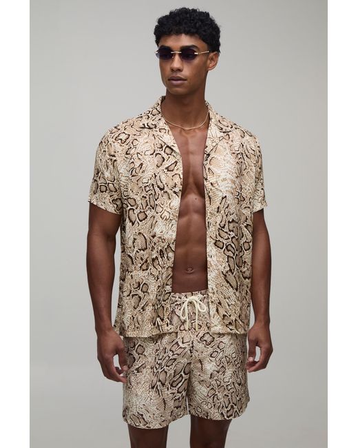 BoohooMAN Brown Snake Printed Shirt & Swim Short Set for men