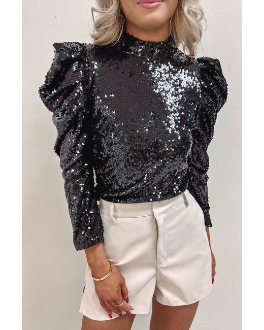 Everyday the Label Black Sequin Mock Neck Bubble Sleeve Top