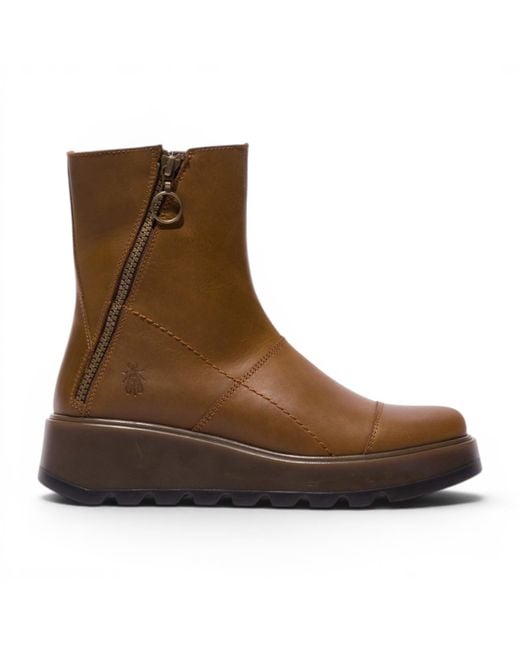 Fly London Brown Leather Zip-Up Platform Ankle Boots