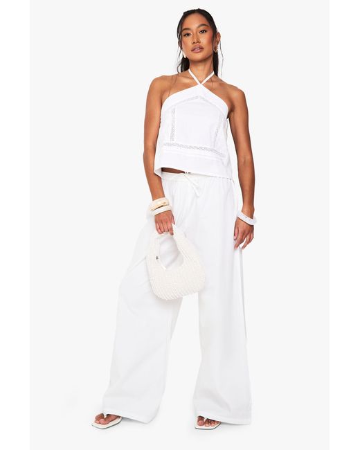 Boohoo White Drawstring Waist Poplin Wide Leg Trousers