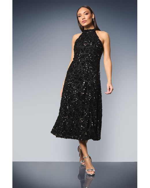 PRINCIPLES Black Tie Back Halterneck Sequin Fit & Flare Midi Dress