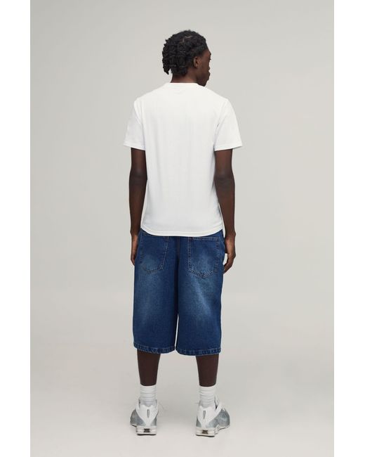 BoohooMAN Blue Longline Rigid Print Denim Jorts for men