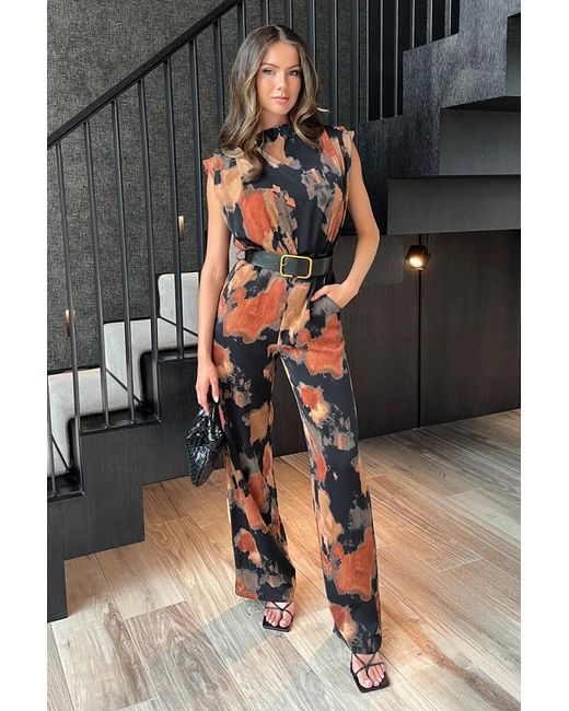 AX Paris Black Multi Smudge Print Belted Wide Leg Jumpsuit