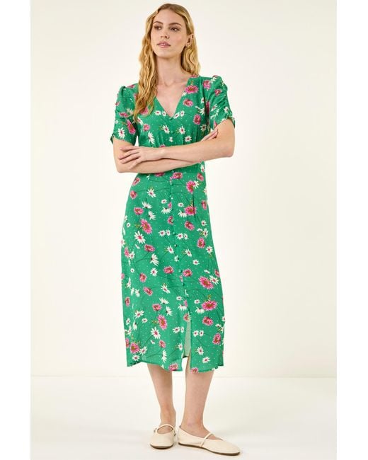 Roman Green Floral Ruched Sleeve Dress