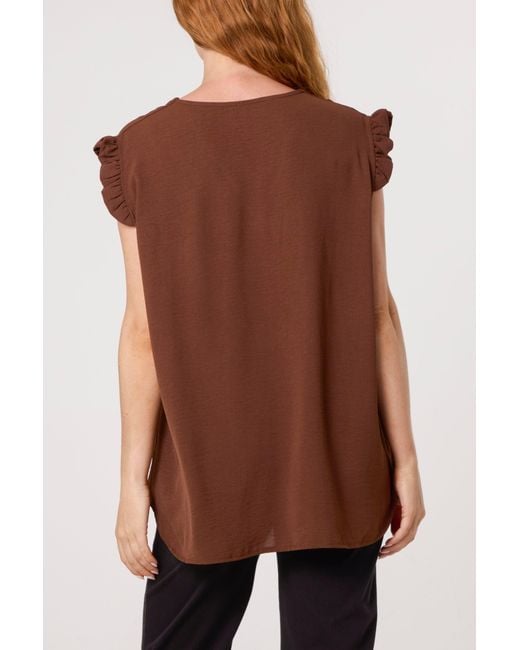 Blue Vanilla Brown Button Detail Frill Top