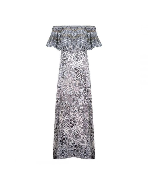 Inoa Gray Casa Blanca 12006 Multi Colour Off The Shoulder Silk Dress