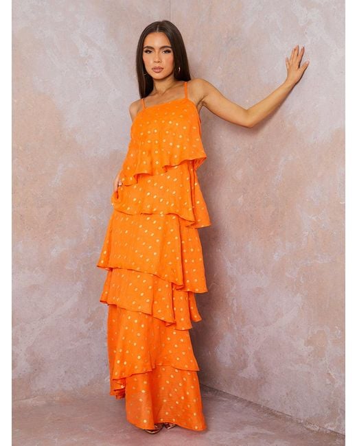 Chi Chi London Orange Cami Foil Spot Print Tiered Maxi Dress