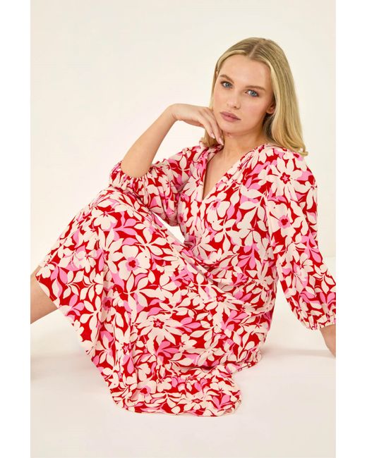 Roman Petite Floral V-Neck Tiered Dress