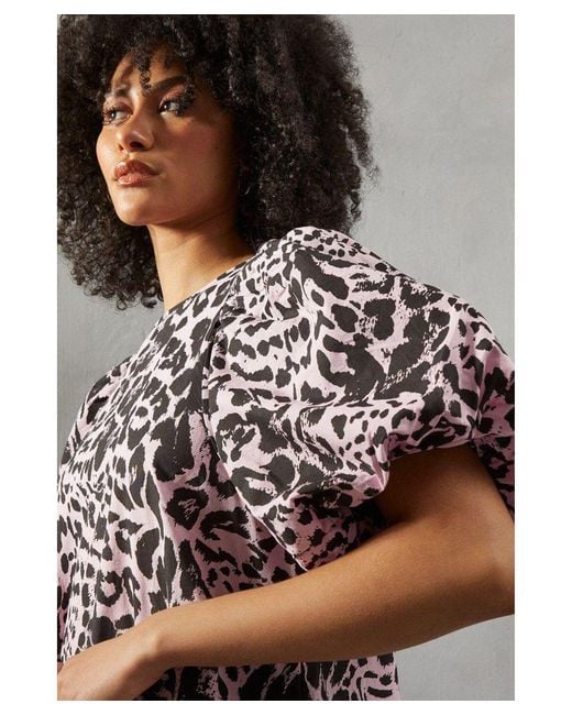 Warehouse Gray Poplin Leopard Print Volume Sleeve Scallop Detail Smock Dress