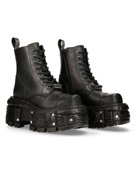 New Rock Black Leather Combat Platform Boots- Tank083-C1