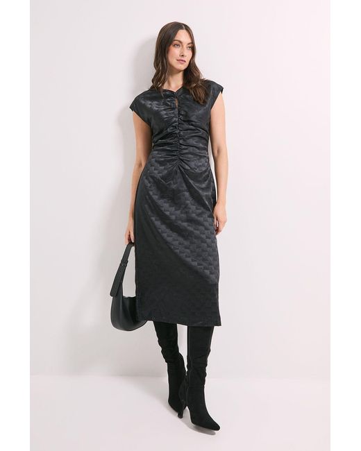 PRINCIPLES Black Ruched Front Satin Jacquard Keyhole Detail Midi Dress