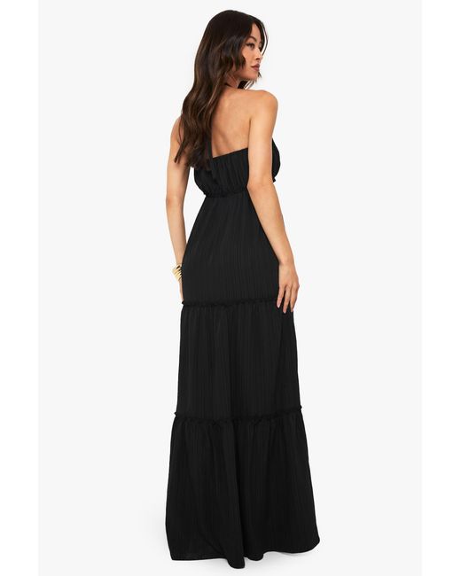 Boohoo Black Tall Textured Crinkle Strappy Tiered Maxi Dress