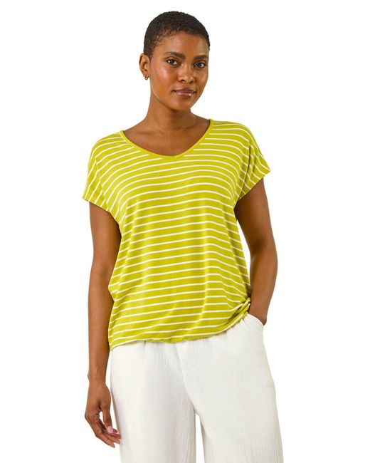 Roman Yellow Stripe Print V-Neck Stretch Tee