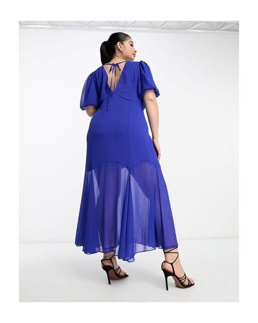 ASOS Blue Design Chiffon V Neck Midi Dress With Flutter Sleeves And Godet Hem