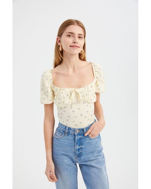 Hiccup Blue Floral Sweetheart Neck Short Sleeve Blouse