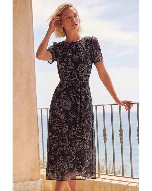 Roman Black Floral Print Pleated Midi Dress
