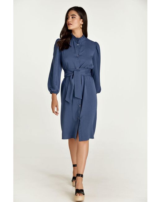 Conquista Blue Belted Long Sleeve Dress