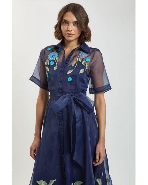 Karen Millen Blue Embroidered Detail Organdie Belted Shirt Dress