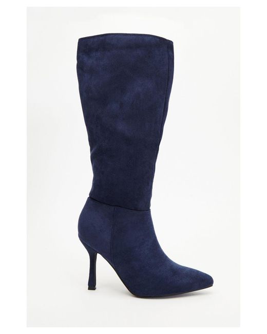 Quiz Blue Navy Faux Suede Knee High Heeled Boots
