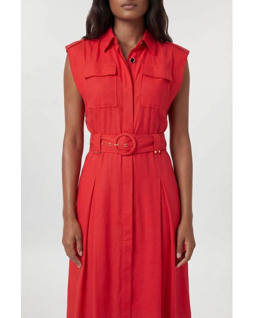 Karen Millen Red Premium Viscose Linen Belted Woven Midaxi Dress With Hardware Detail