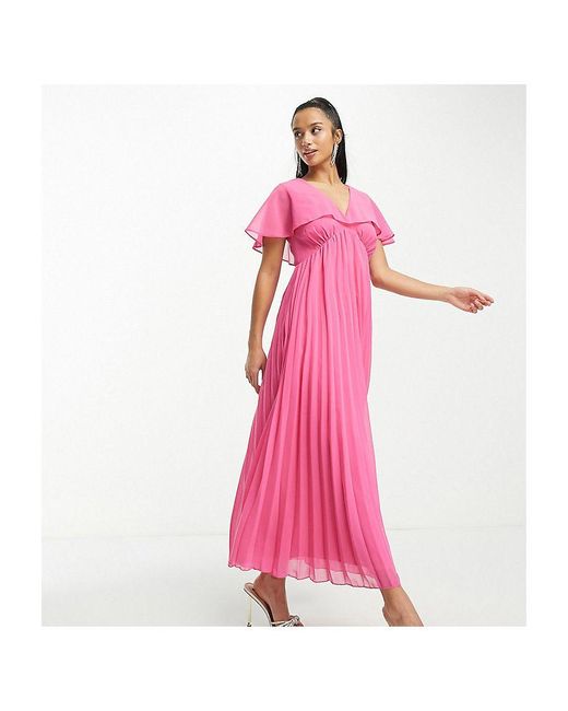 ASOS Pink Design Angel Cape Sleeve Pleated Hem Maxi Dress