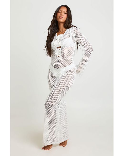 Boohoo White Beach Crochet Corsage Detail Maxi Dress