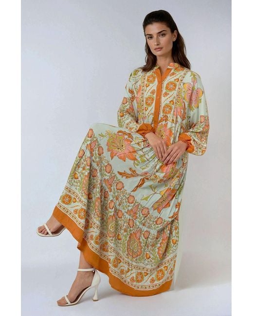 Hiccup Orange Patterned Maxi Dress With Shirt Collar