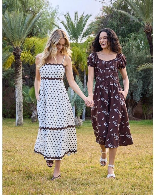 Blue Vanilla Brown Embroidery Milkmaid Midi Dress