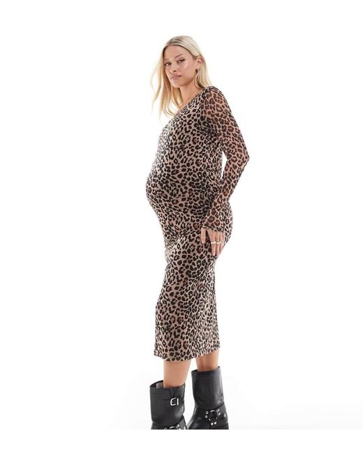 Mama.licious Brown Maternity Long Sleeve Mesh Midi Dress