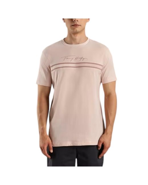 Tommy Hilfiger Pink T Shirts Signature Tonal Flag Logo Summer Cotton Tino Tee for men