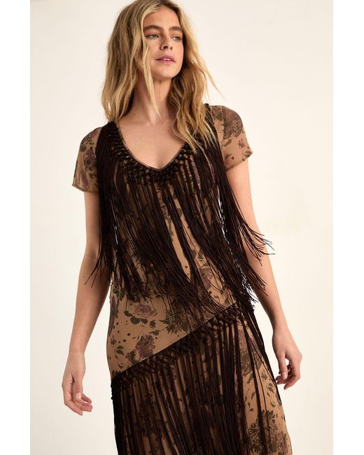 Nasty Gal Natural Floral Chiffon Fringe Maxi Dress