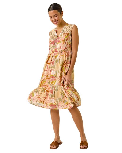 Roman Natural Leaf Print Lace Detail Smock Dress