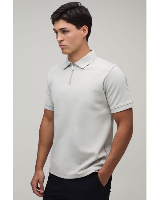 BoohooMAN White Slim Premium Interlock Zip Neck Polo for men