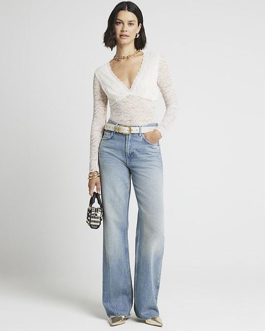 River Island White Bodysuit Plunge Lace Long Sleeve Nylon