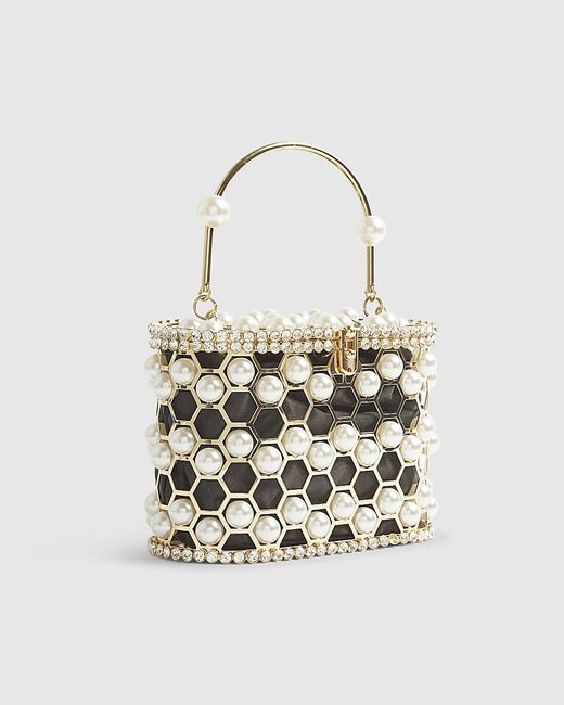 River Island White Clutch Bag Pearl Cage Basket Metal
